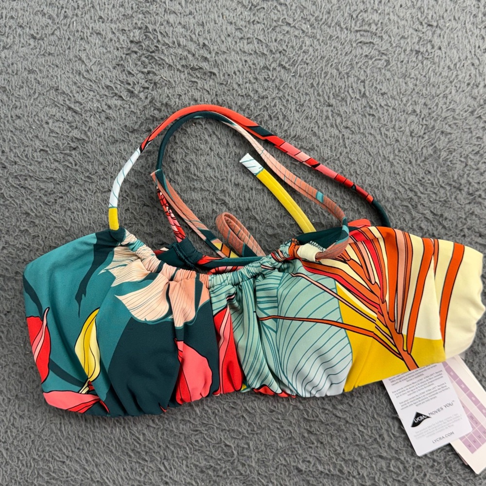 CALIA Bikini Top Womens S Green Botanical‎ Print Scrunched Tie Back